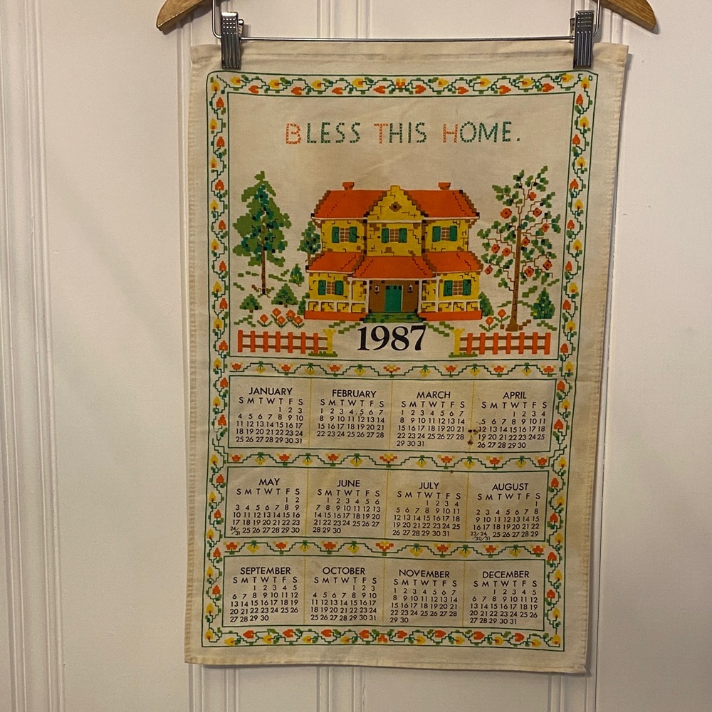 Vintage 1987 kitchen, linen towel, calendar, fabric, decorative wall hanger